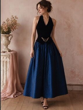 Vintage Scott McClintock Velvet Halter Crinoline Formal Gown Blue Black 90s Y2K